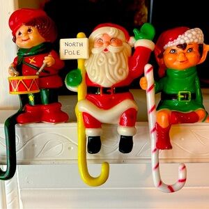 Vintage Christmas Stocking Holders Santa Elf Set Hong Kong Plastic Mantel Hooks